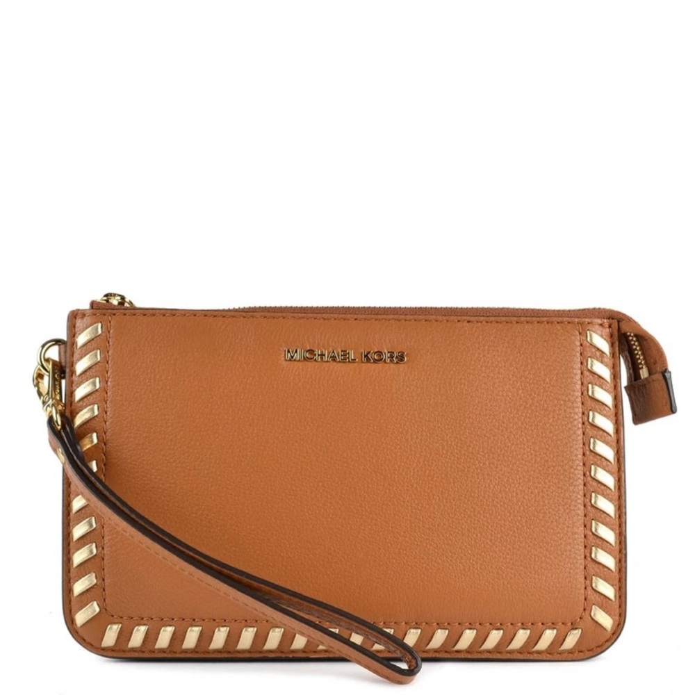 Michael Kors Brown Leather Wristlet with Gold Accents